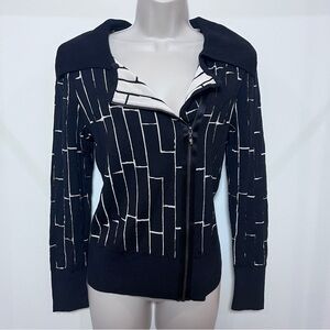 St John Black & White Graphic Knit Geometric Zip-Front Sweater Jacket